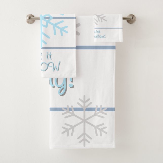 White Slate Blue Geometric Lines Snowflakes Bath Towel Set (Insitu)