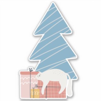 White sleepy cat on presents under Christmas tree