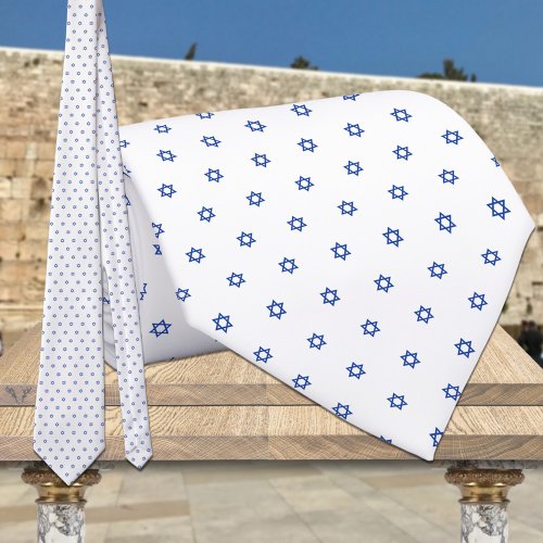 White  Small Blue Star Of David Wedding Neck Tie