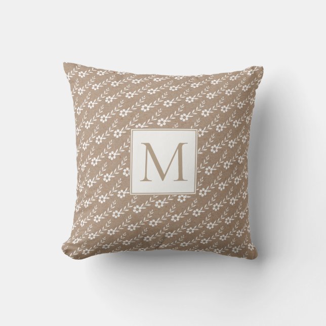 White small flowers and monogram rustic throw pillow (Front)