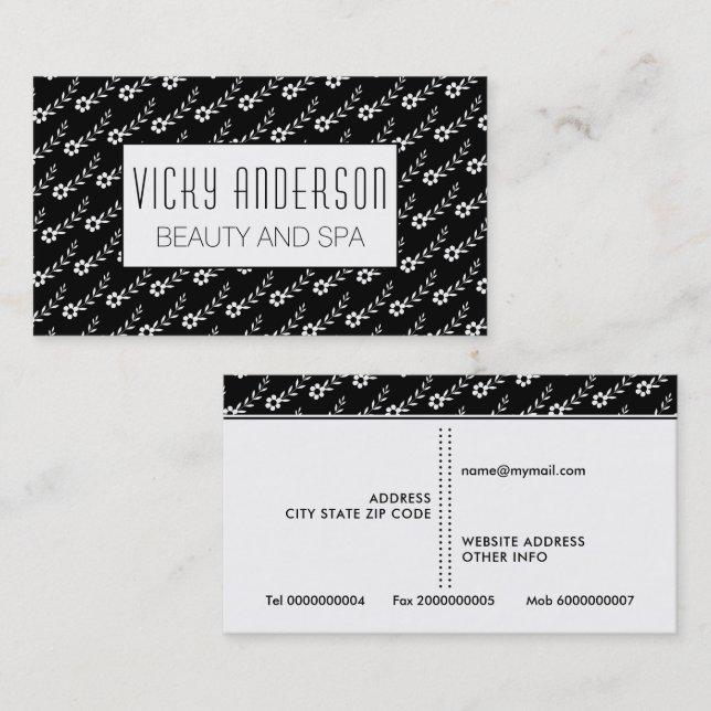 White small flowers on black floral pattern business card (Front/Back)