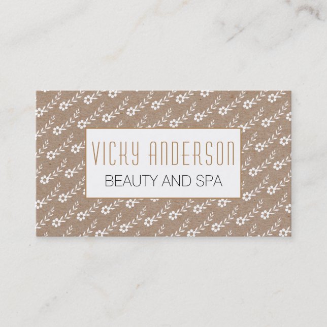 White small flowers on kraft paper rustic business card (Front)