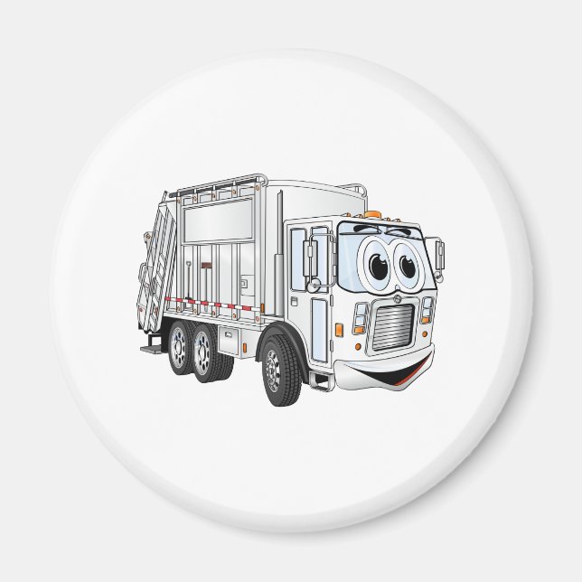 White Smiling Cartoon Garbage Truck Magnet (Front)