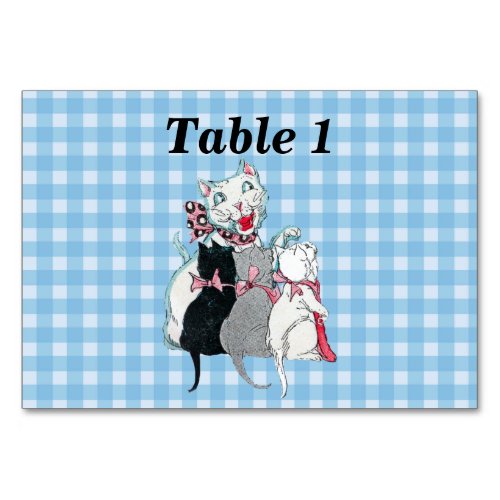 White Smiling Mother Cat Three Kittens on Plaid Table Number