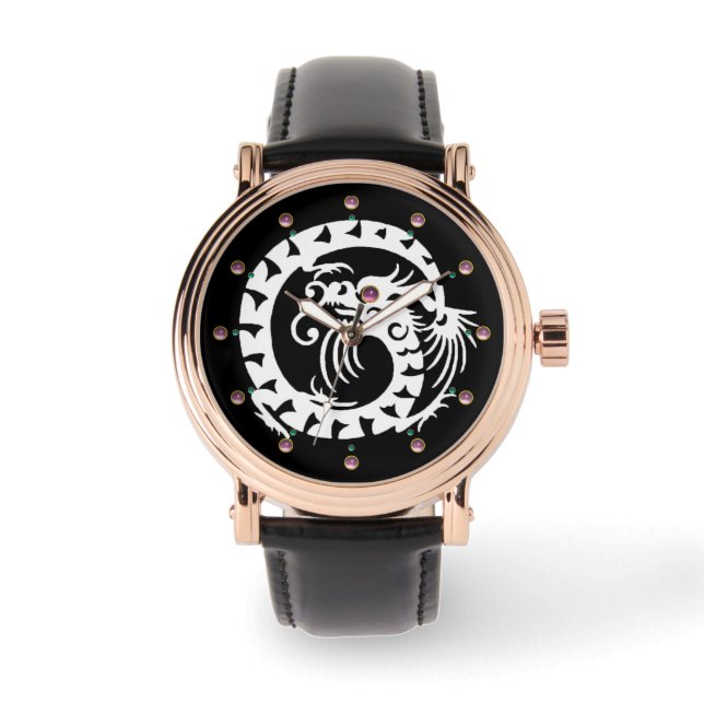 WHITE SNAKE DRAGON Black ,Pink Gemstones Watch (Front)