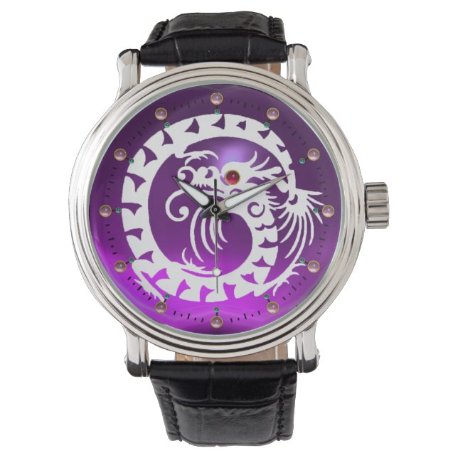 WHITE SNAKE DRAGON Black Purple Amethyst,Pink Gems Watch (Front)