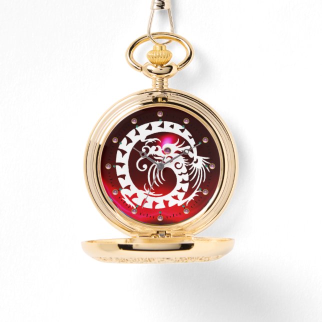 WHITE SNAKE DRAGON Black ,Red Ruby,Pink Gemstones Watch (Front)