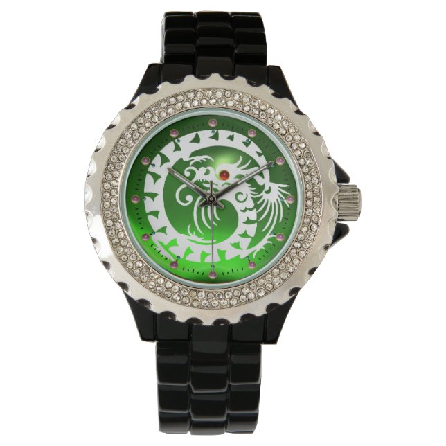 WHITE SNAKE DRAGON IN EMERALD GREEN Red Pink Gems Watch (Front)