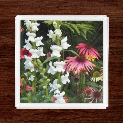 White Snapdragons and Red Coneflowers Floral Acrylic Tray