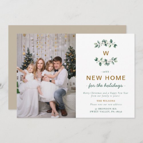 White Snow Berries Moving Family Monogram Photo Holiday Card