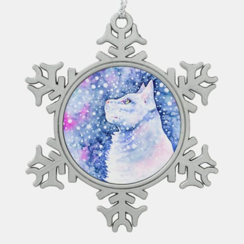 White Snow Cat Watercolor Christmas Holiday Snowflake Pewter Christmas Ornament