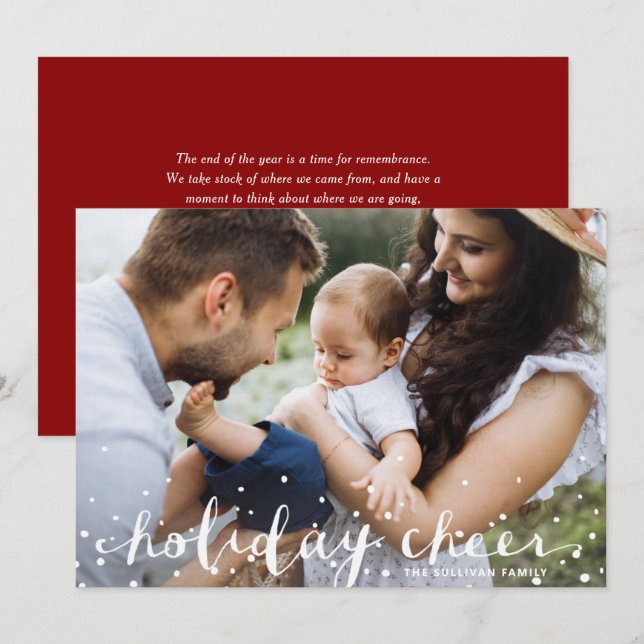 White Snow Christmas Cheer Rustic Script Photo Holiday Card (Front/Back)