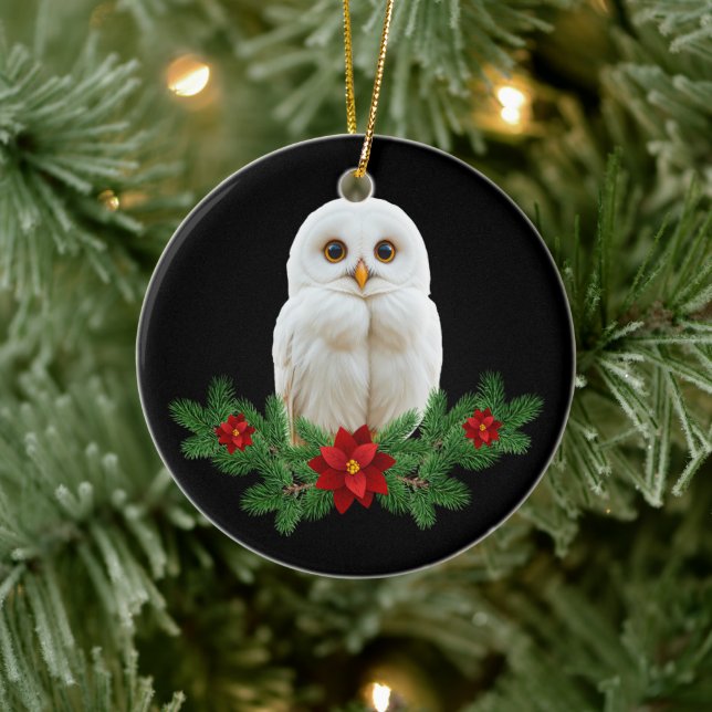 White Snow Christmas Owl Ceramic Ornament (Tree)