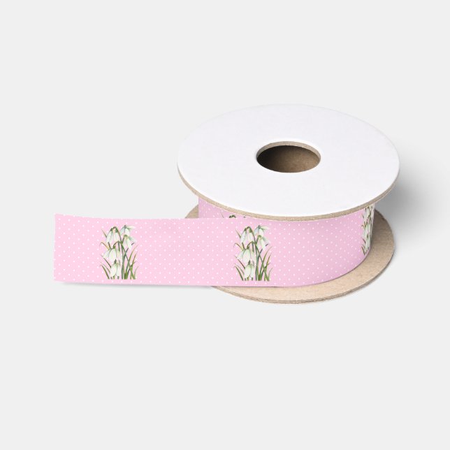 White Snow Drops Watercolor Illustration Pink Satin Ribbon (Spool)