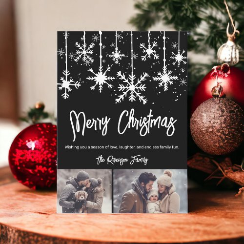 White snow elegant  black merry christmas 2 photos holiday card