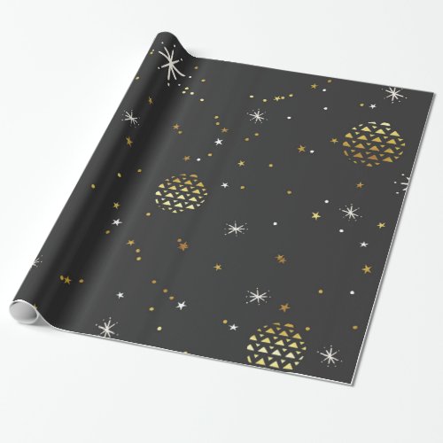 White Snow Flakes And Gold Balls Wrapping Paper