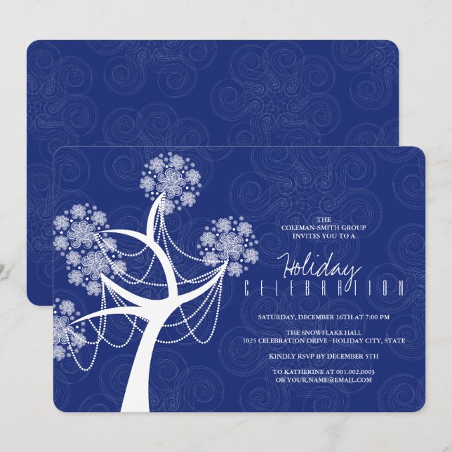 White Snow Flower Tree And Lights Holiday Party Invitation (Front/Back)