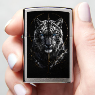 White Snow Leopard Portrait Blue Eyes Black Go Zippo Lighter