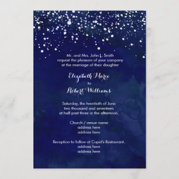 White Snow On Navy Blue Winter Wedding Invitation by sweeticedtea at Zazzle