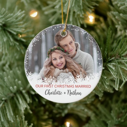 White Snow Plaid Our First Christmas Married Photo Ceramic Ornament
