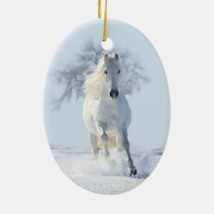 White Snow Stallion & Tree Horse Holiday Ornament