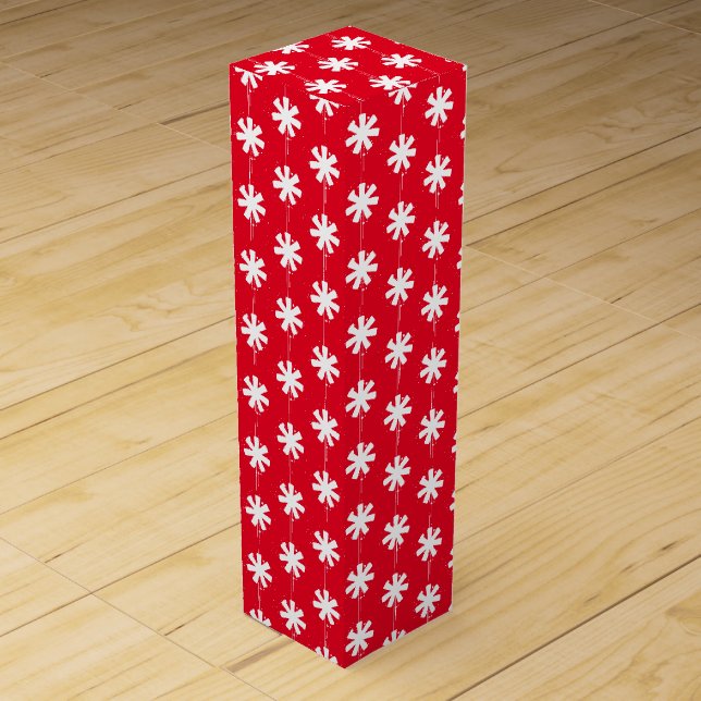 White snow stars, snowflakes red gift wine box (Front)