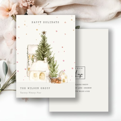 White Snow Tree Houses Logo Seasons Greetings Holiday Card