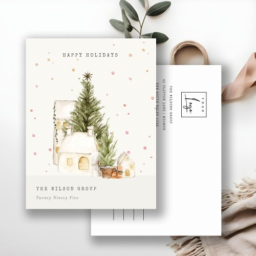 White Snow Tree Houses Logo Seasons Greetings Holiday Postcard