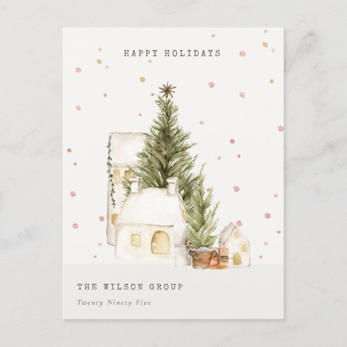 White Snow Tree Houses Logo Seasons Greetings Holiday Postcard