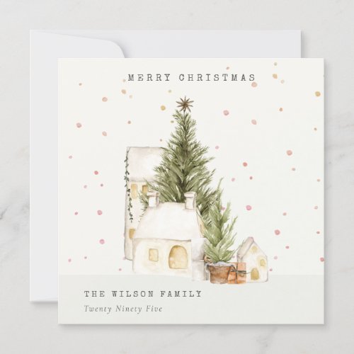 White Snow Tree Houses Merry Christmas Greetings Holiday Card