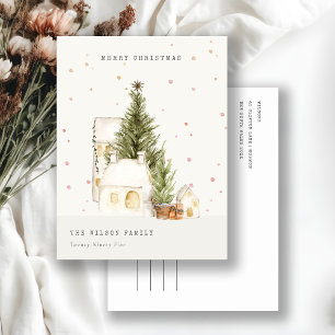 White Snow Tree Houses Merry Christmas Greetings Holiday Postcard