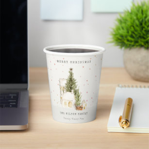 White Snow Tree Houses Merry Christmas Greetings Paper Cups