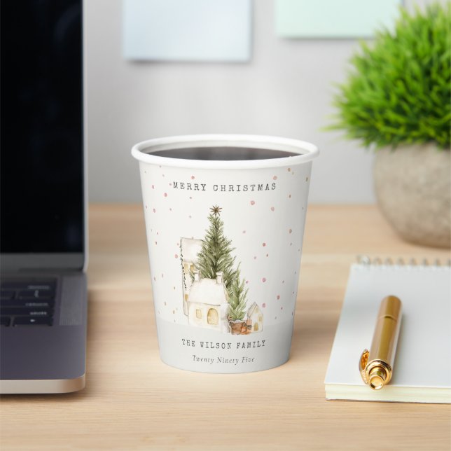 White Snow Tree Houses Merry Christmas Greetings Paper Cups (Insitu)