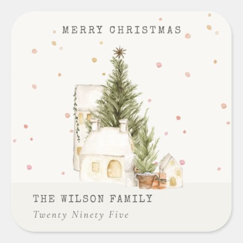 White Snow Tree Houses Merry Christmas Greetings Square Sticker