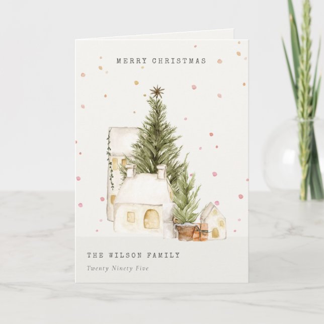 White Snow Tree Houses Photo Christmas Greetings Holiday Card (Front)