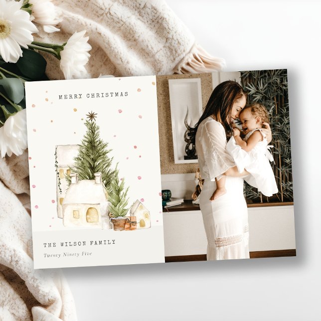 White Snow Tree Houses Photo Christmas Greetings Holiday Card (Creator Uploaded)