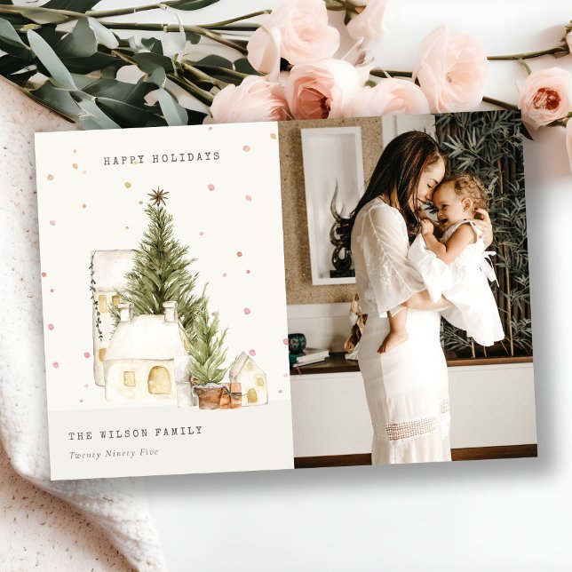 White Snow Tree Houses Photo Seasons Greetings Holiday Card (Creator Uploaded)