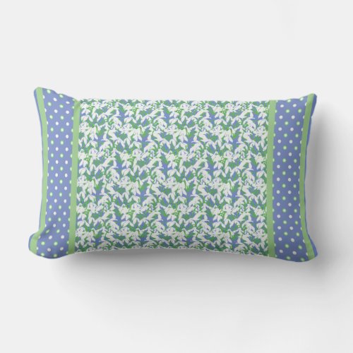 White Snowdrops and Polka Dots Blue and Green Lumbar Pillow