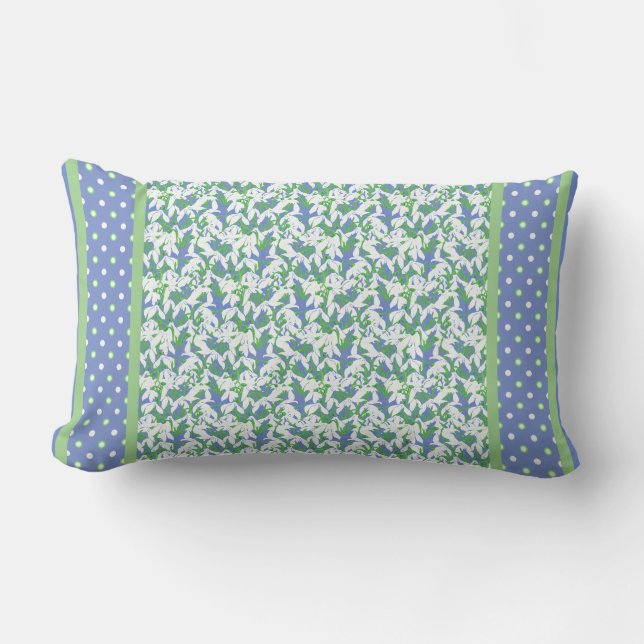 White Snowdrops and Polka Dots Blue and Green Lumbar Pillow (Front)