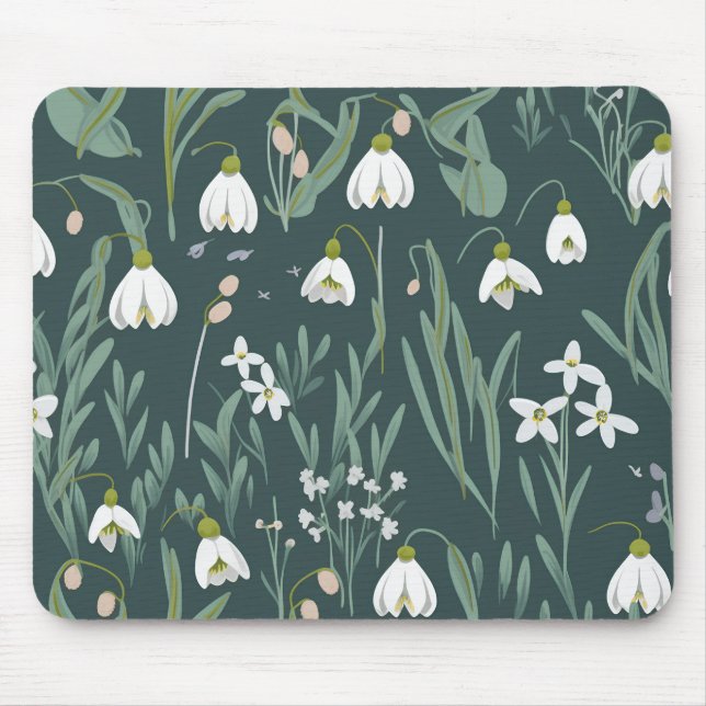 White Snowdrops Flowers On Green Mouse Pad (Front)