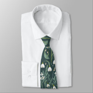 White Snowdrops Flowers On Green Neck Tie