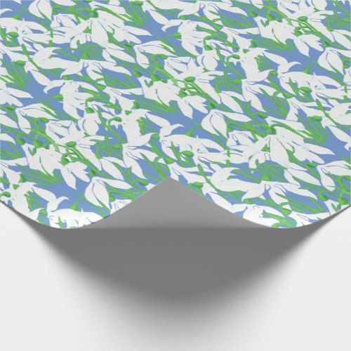 White Snowdrops on Powder Blue Floral Pattern Wrapping Paper