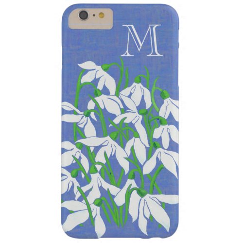 White Snowdrops on Textured Blue with Monogram Barely There iPhone 6 Plus Case