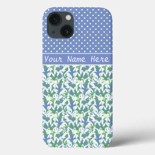 White Snowdrops Pattern and Polka Dots on Blue iPhone 13 Case