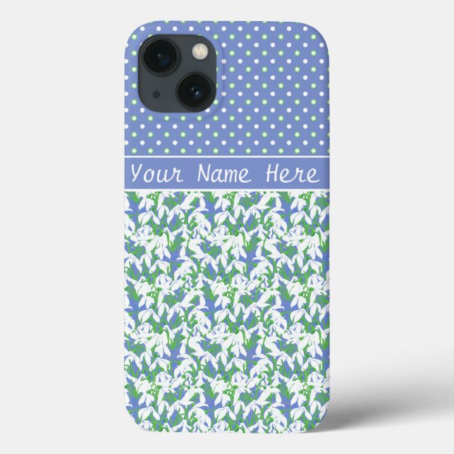 White Snowdrops Pattern and Polka Dots on Blue Case-Mate iPhone Case (Back)