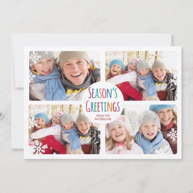 White Snowfall Merry Christmas Photo Collage Card (Front)