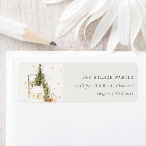 White Snowfall Tree Houses Christmas Address Label
