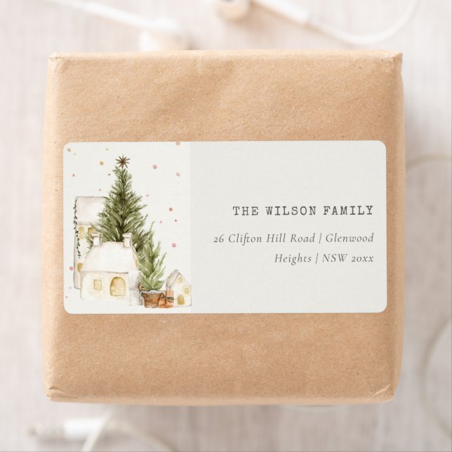 White Snowfall Tree Houses Christmas Address Label (Insitu)