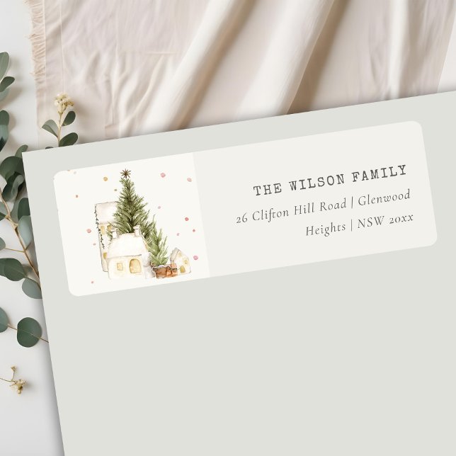 White Snowfall Tree Houses Christmas Address Label (Creator Uploaded)