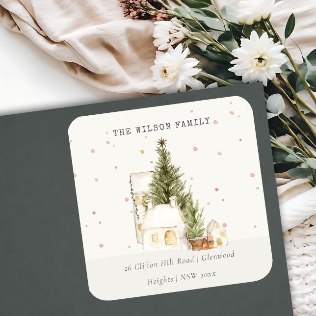 White Snowfall Tree Houses Christmas Address Square Sticker (Creator Uploaded)